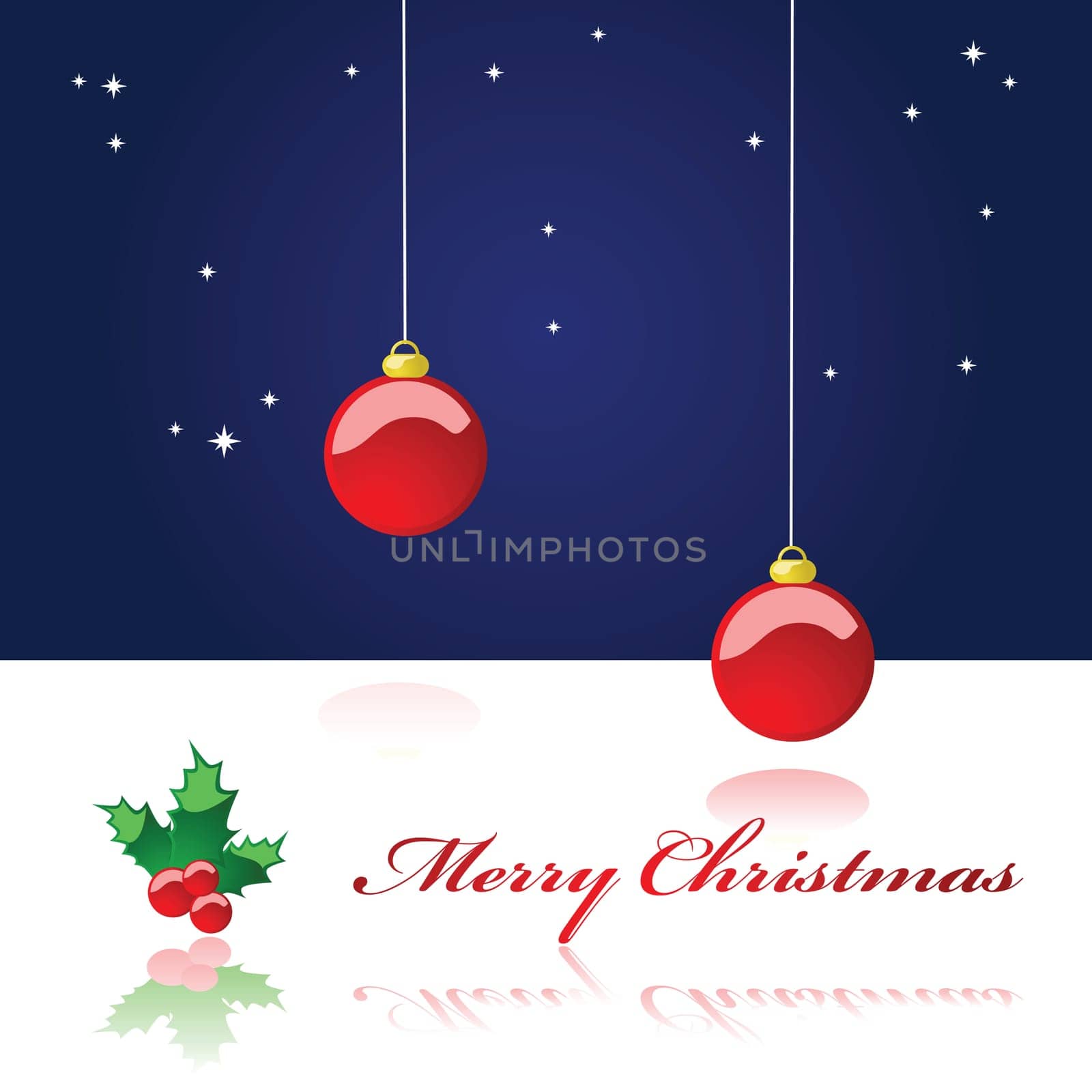 Illustration of a Christmas background showing a starry night sky with two Christmas decoration balls hanging from the top of the page and a glossy mistletoe with the words &#039 Merry Christmas&#039  reflected over white