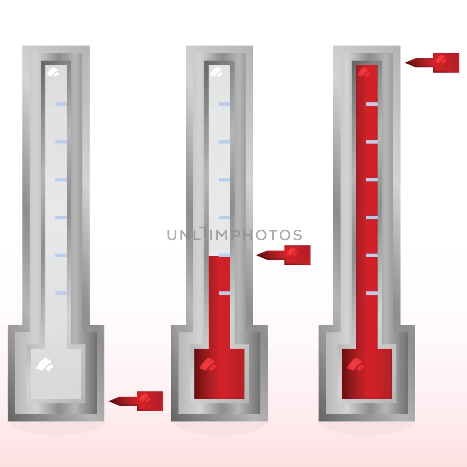 Glossy illustration showing a fundraising goal meter in three different stages