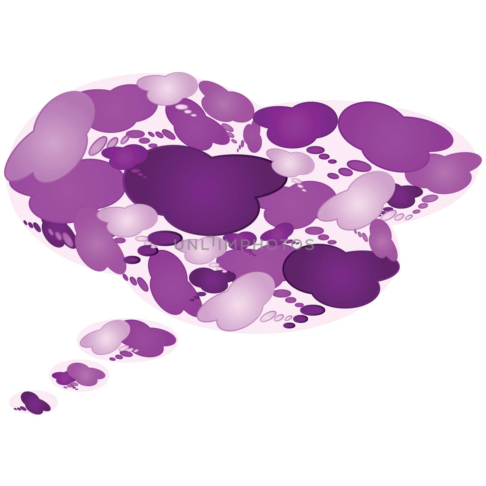 Illustration showing several cartoon thought bubbles together to form a larger thought bubble.