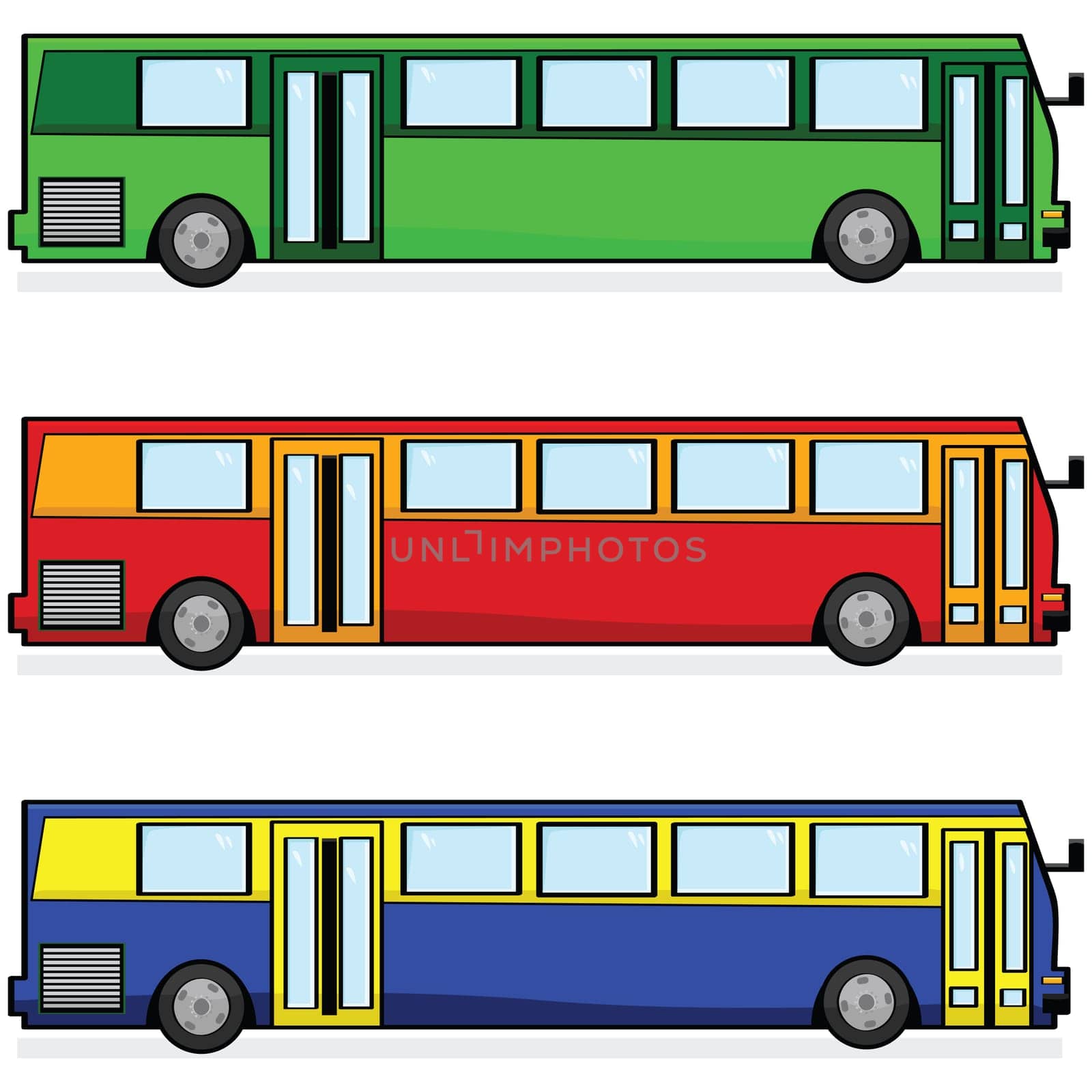 Cartoon illustration of three modern buses, in different colors
