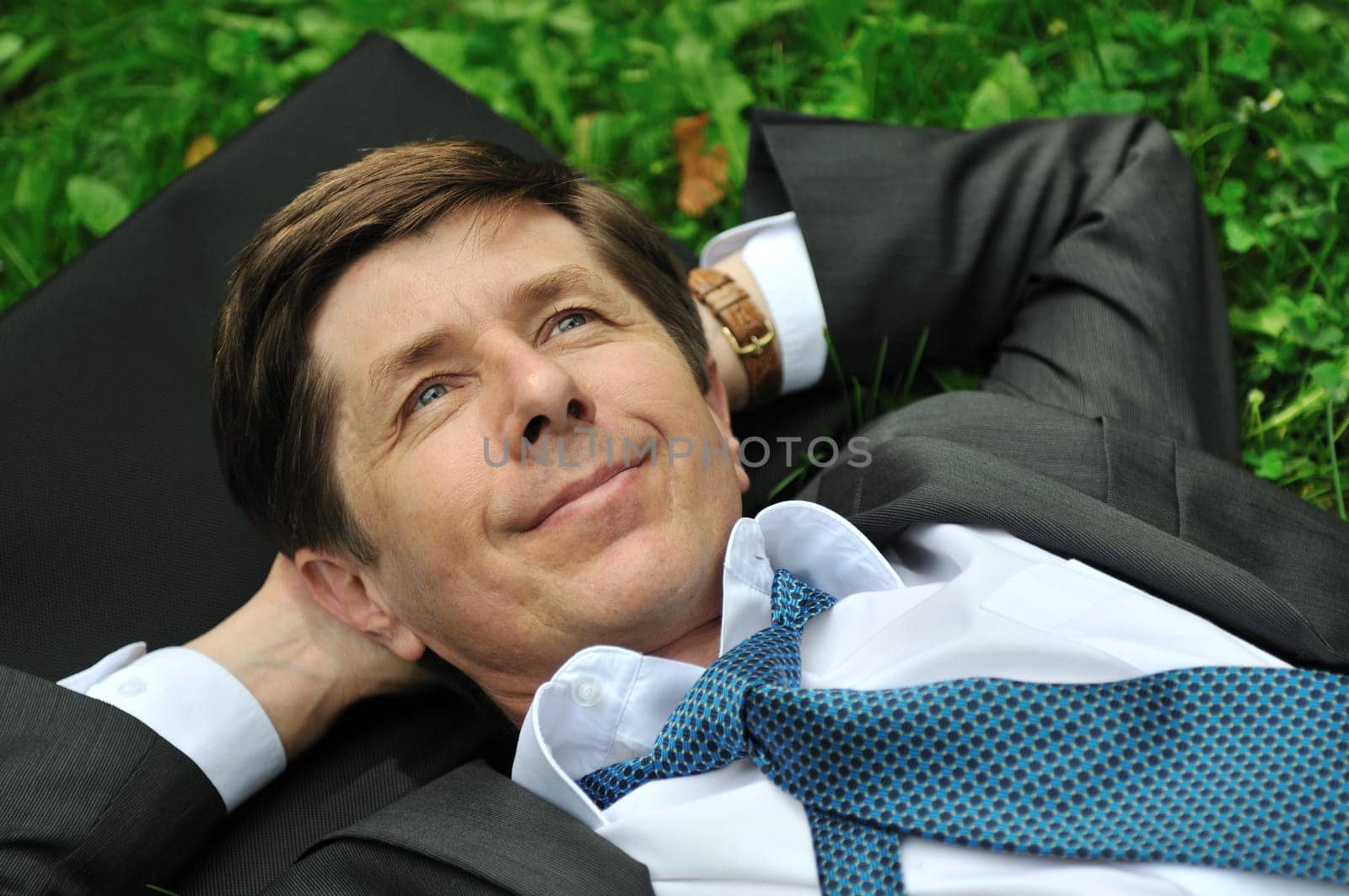 Senior people series - mature business man lying in grass and relaxing