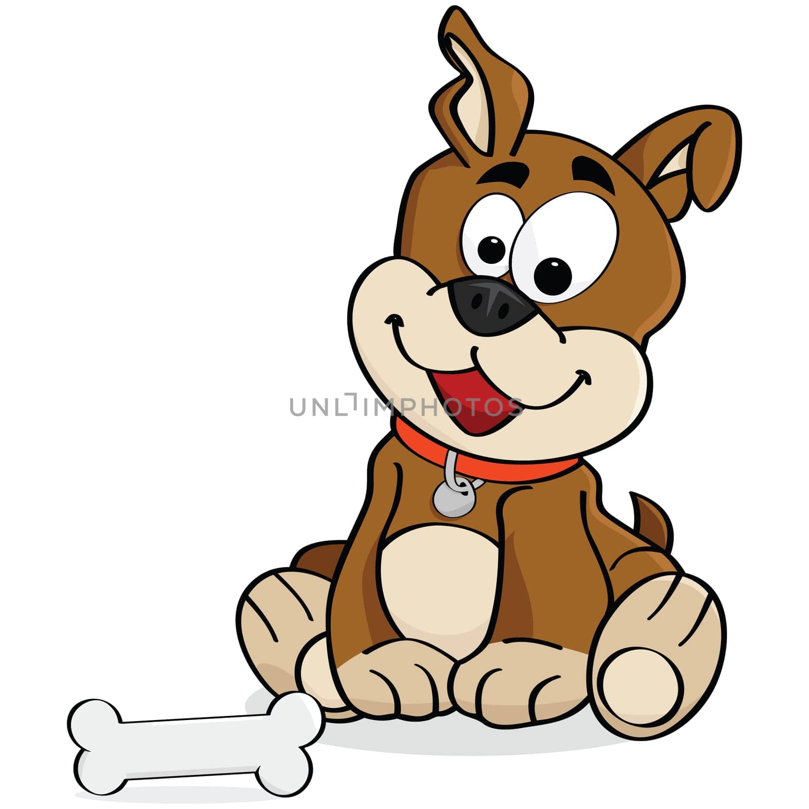 Cartoon illustration of a cute dog sitting down in front of a bone