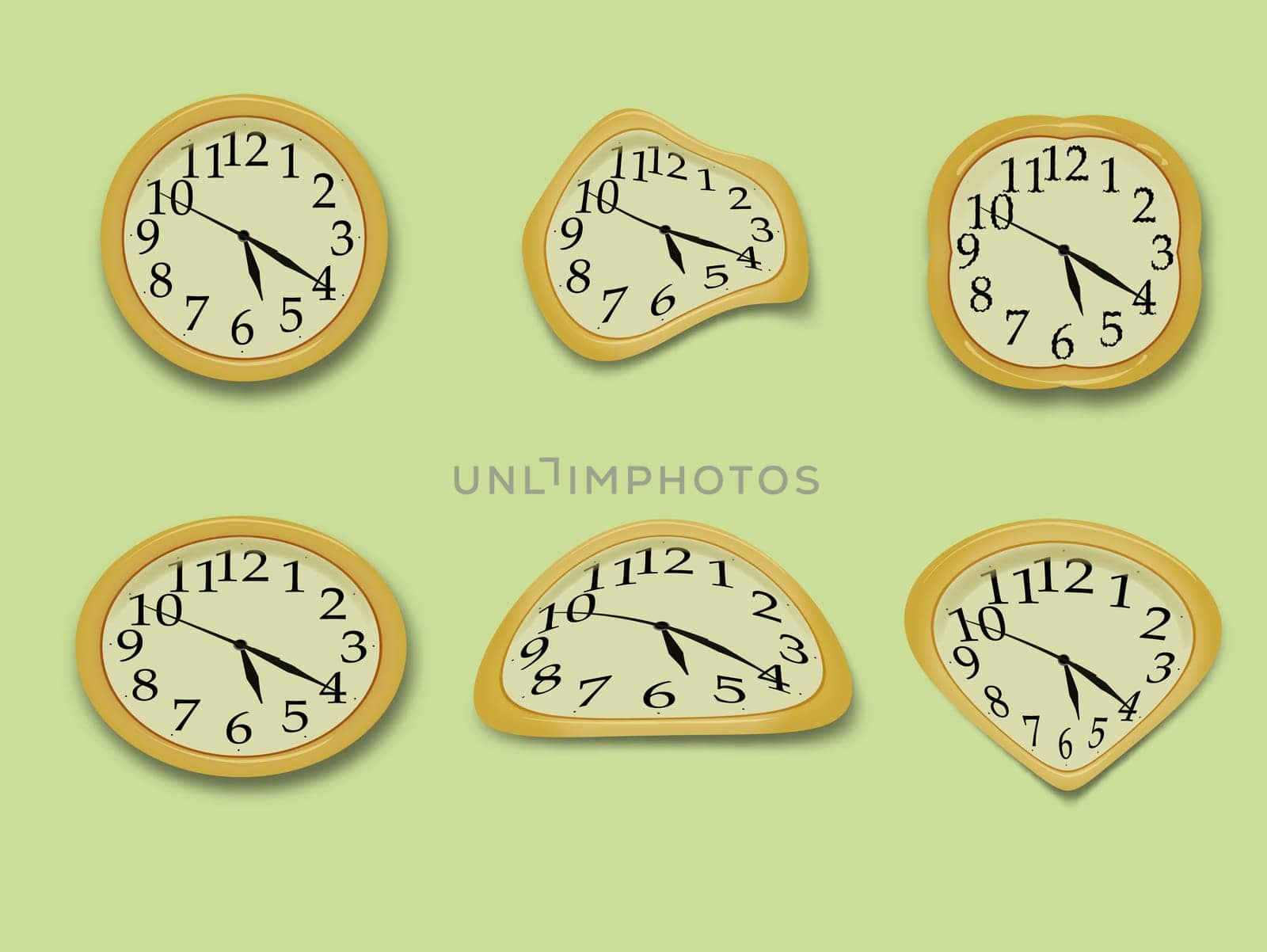 Yellow wall clock on the green background