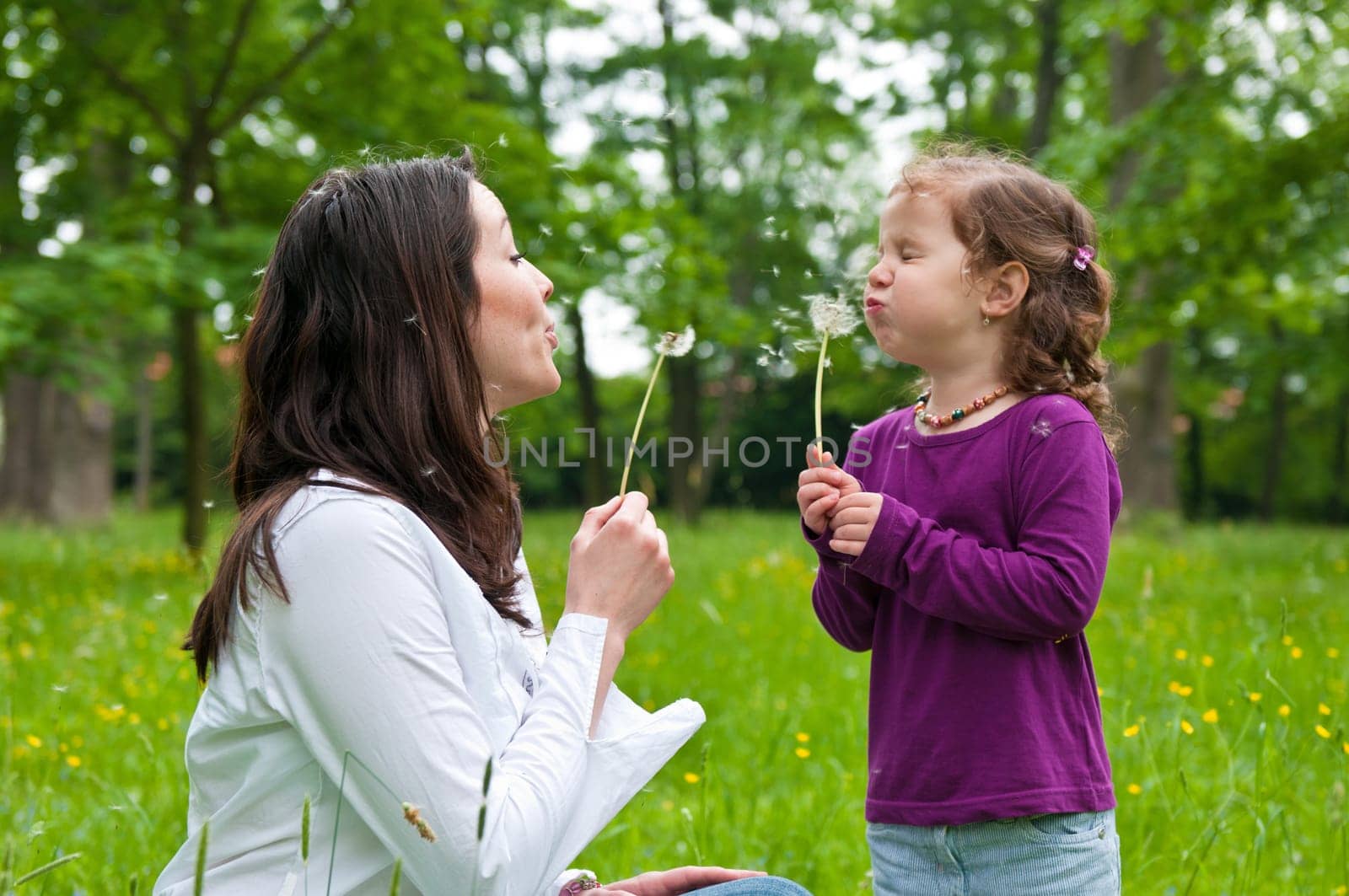 Mother with small daughter blowing to dandelion - lifestyle outdoors scene in park