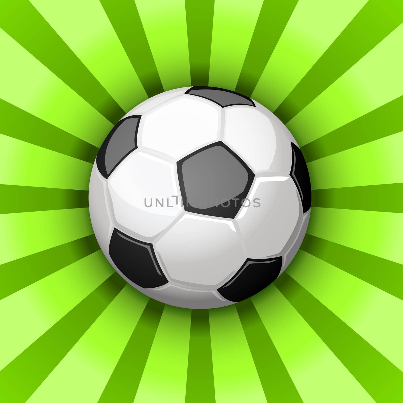 Glossy soccer ball over green rays