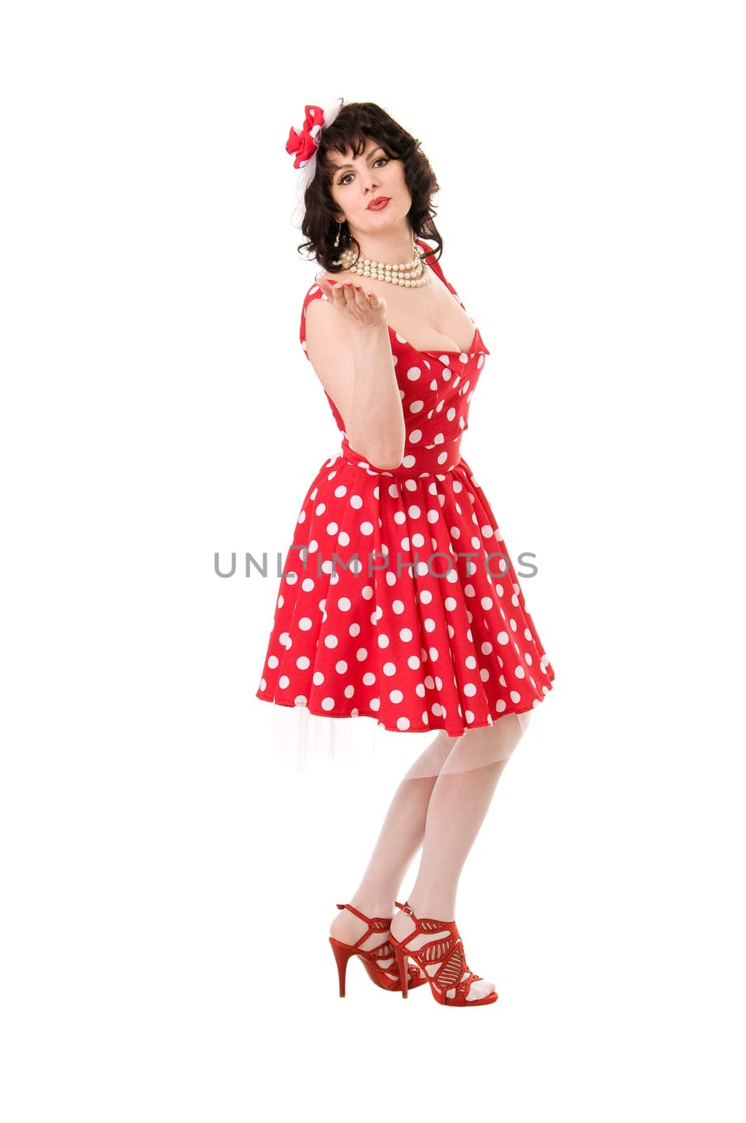woman pin-up in red dress isolated on white background