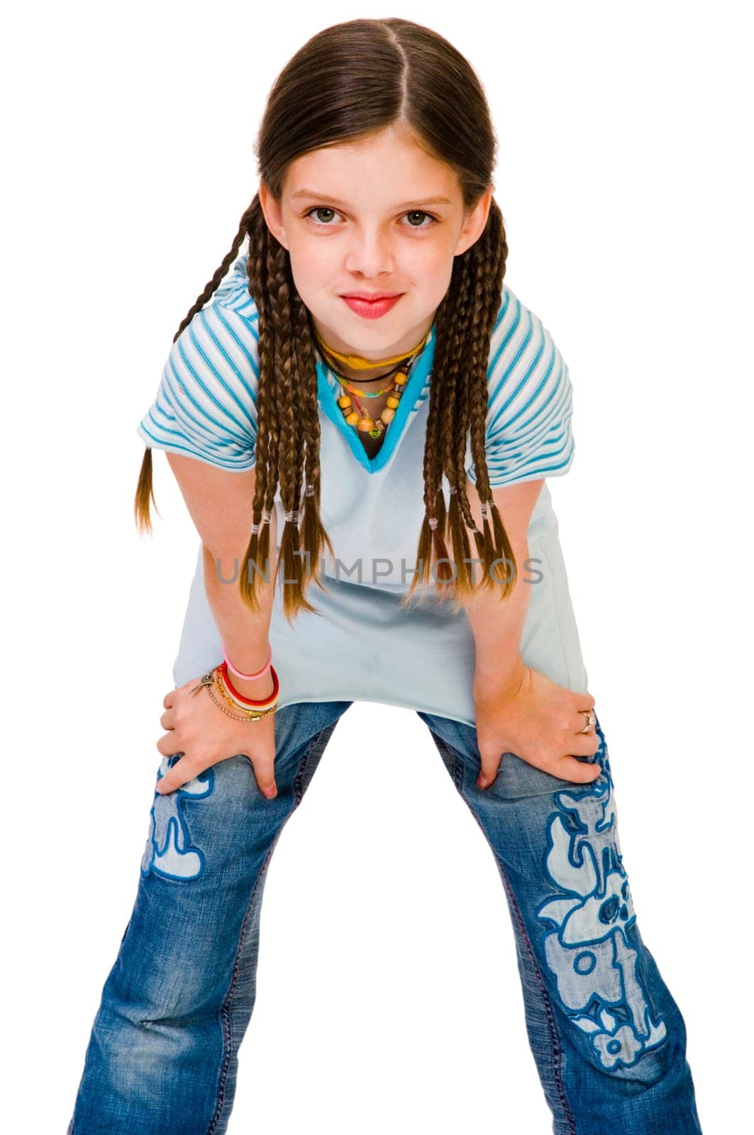 Caucasian girl posing and smiling isolated over white