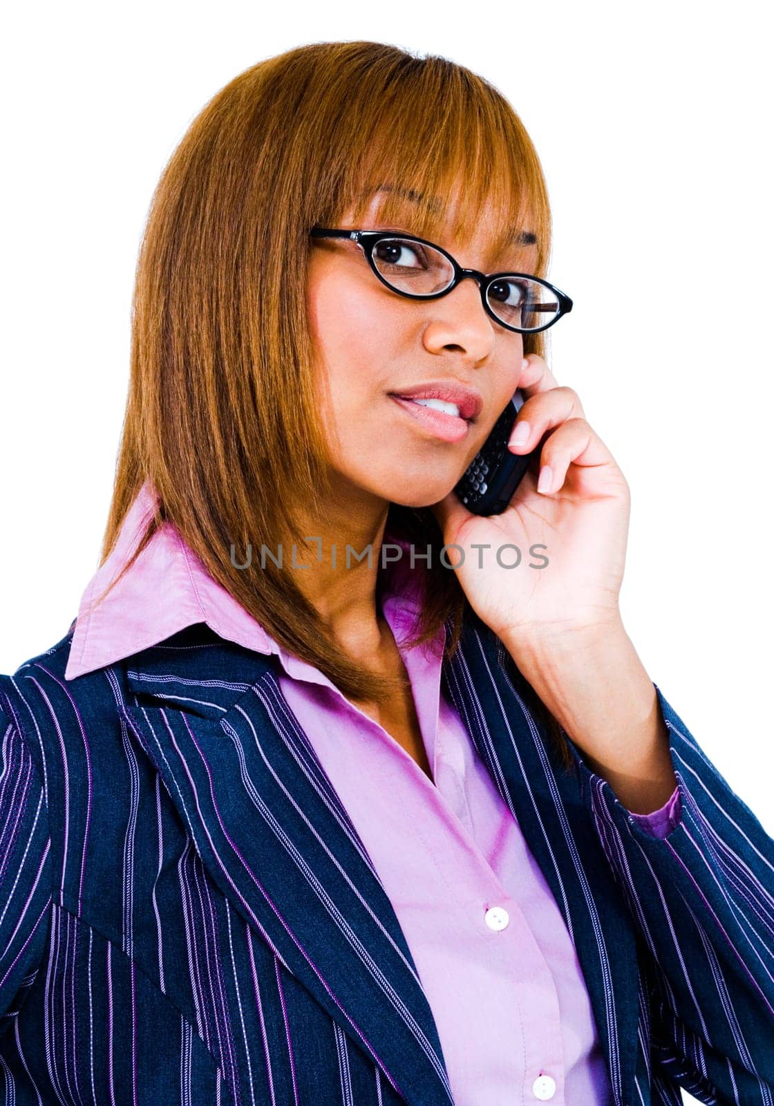Close-up of a woman talking on a mobile phone isolated over white