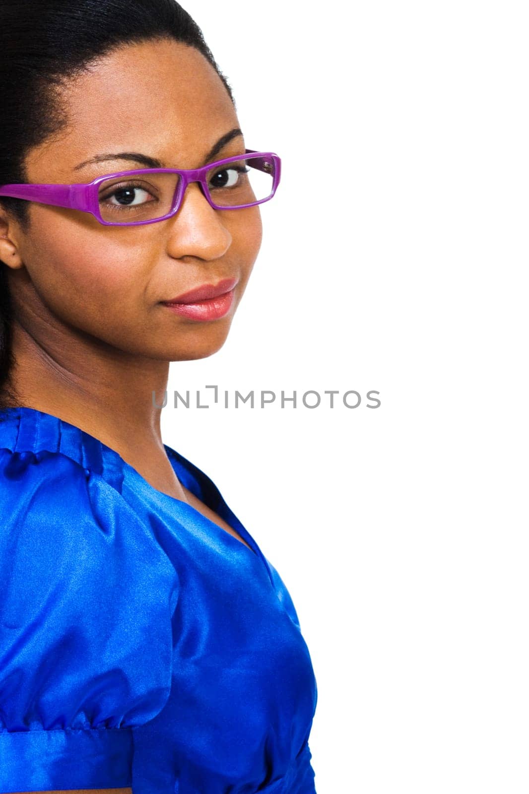 Young woman wearing eyeglasses isolated over white