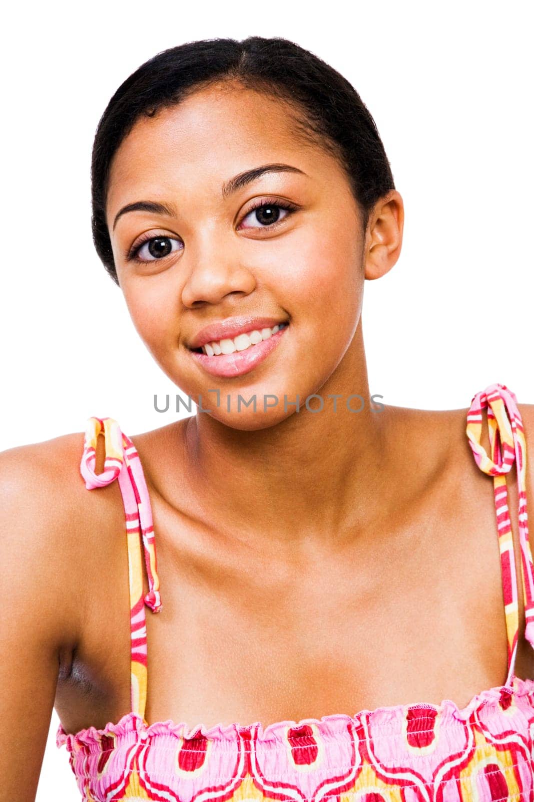 Close-up of a teenage girl smiling isolated over white