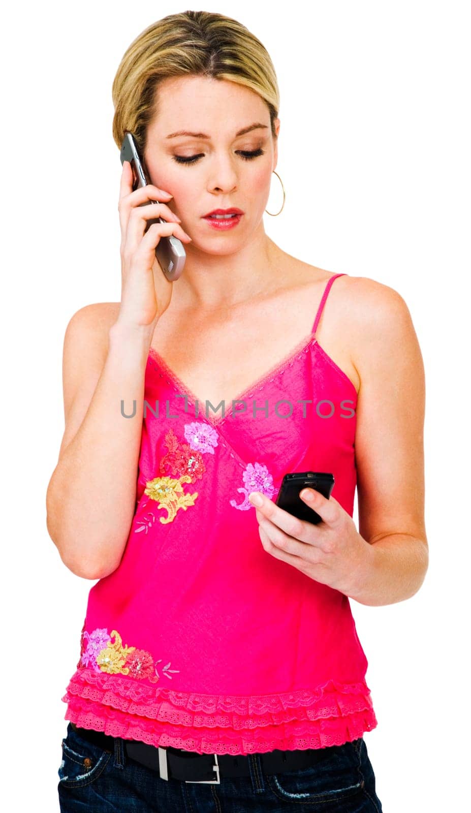 Woman using mobile phones isolated over white