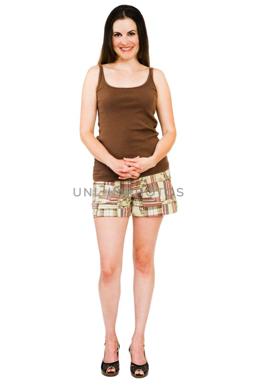 Beautiful young woman posing and smiling isolated over white