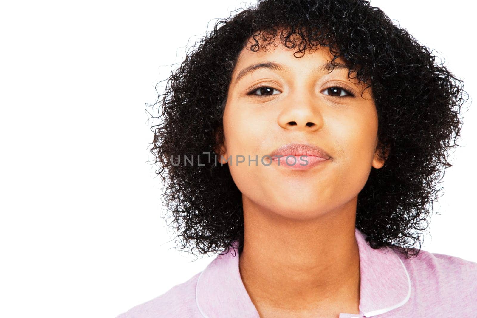 Mixed race teenage girl smiling and posing isolated over white