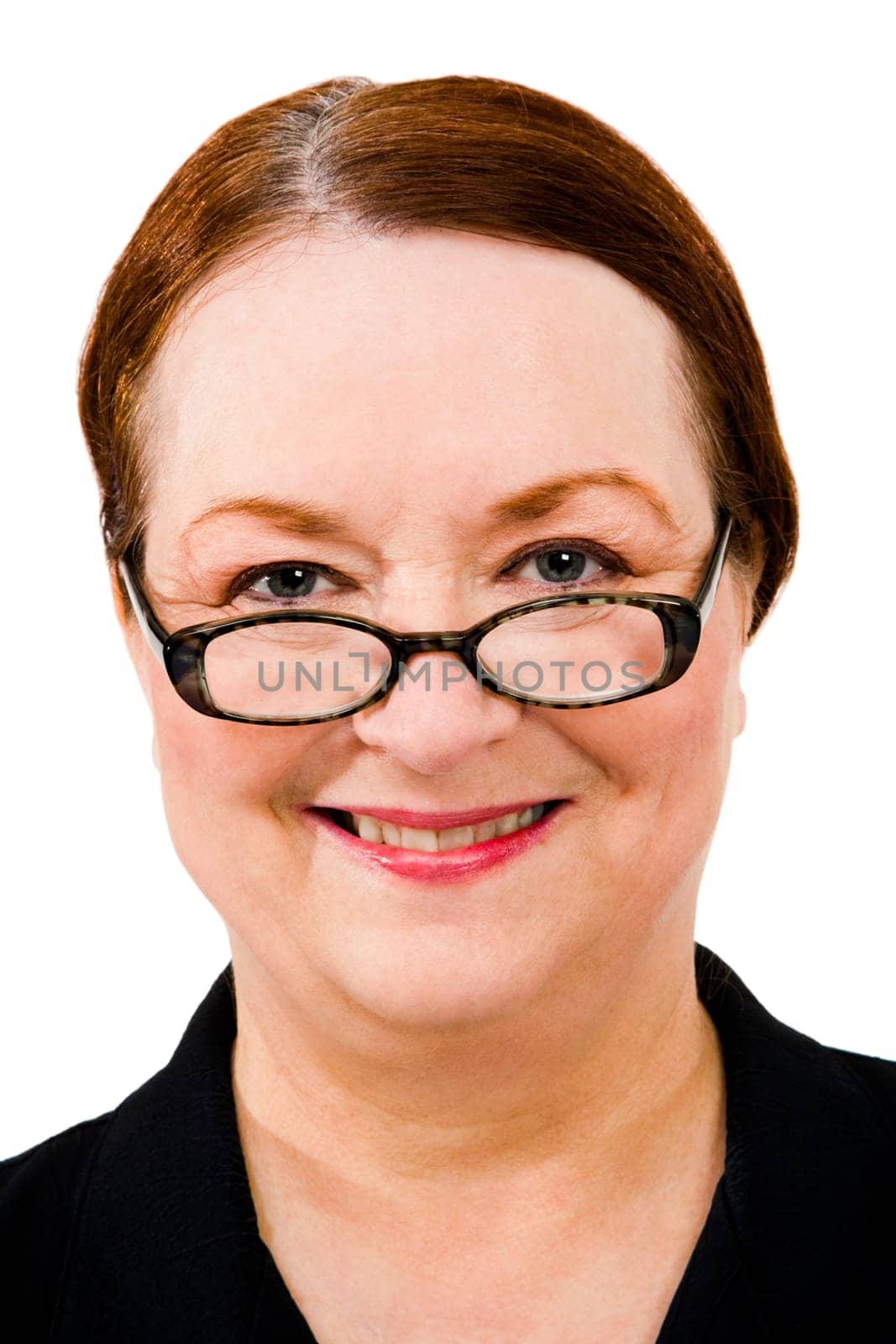 Happy woman wearing eyeglasses isolated over white