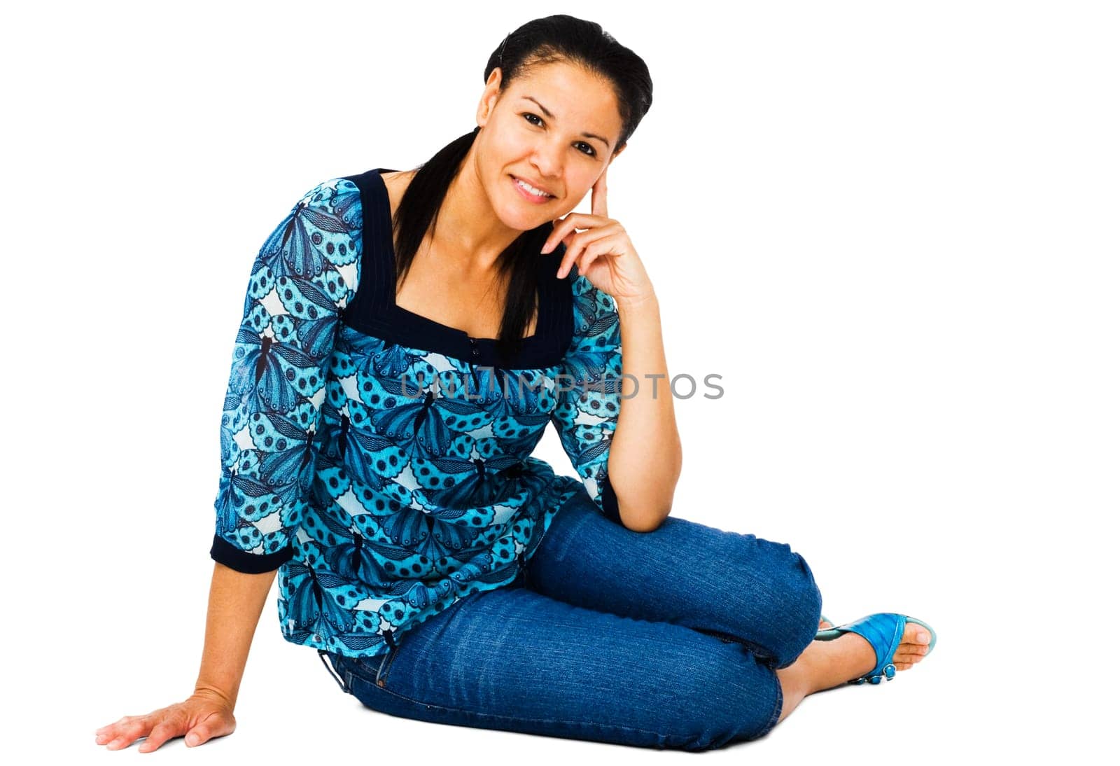 Woman posing and smiling isolated over white