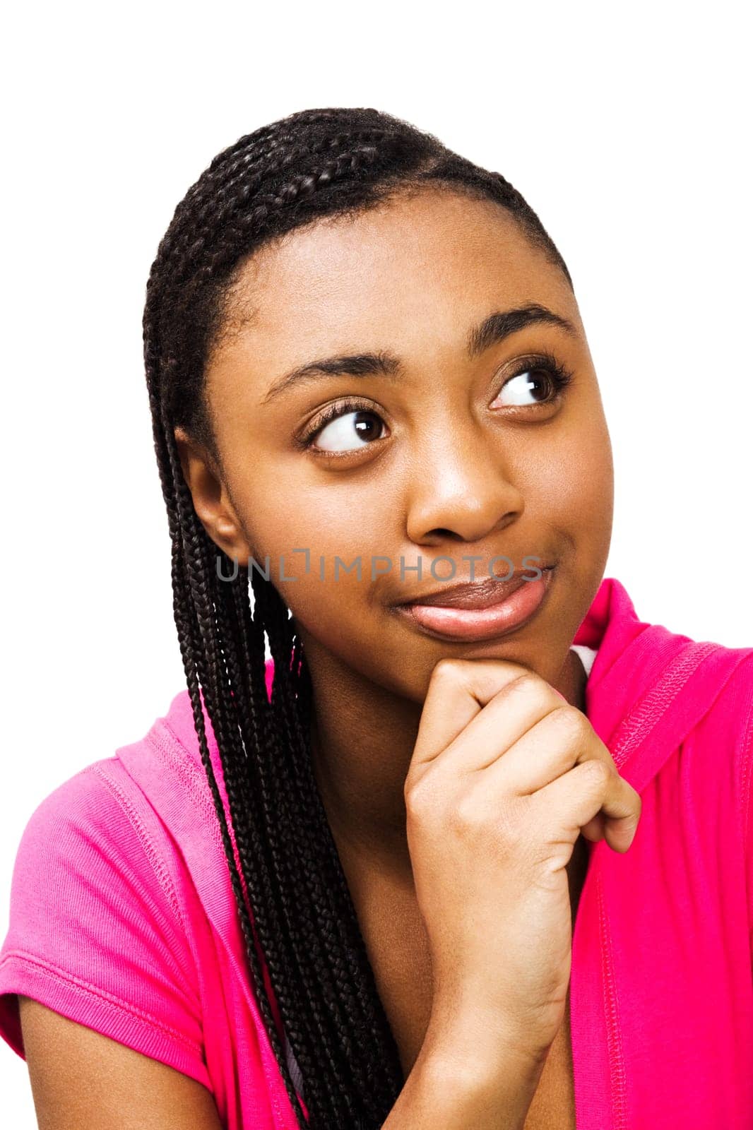 Teenager day dreaming and smiling isolated over white