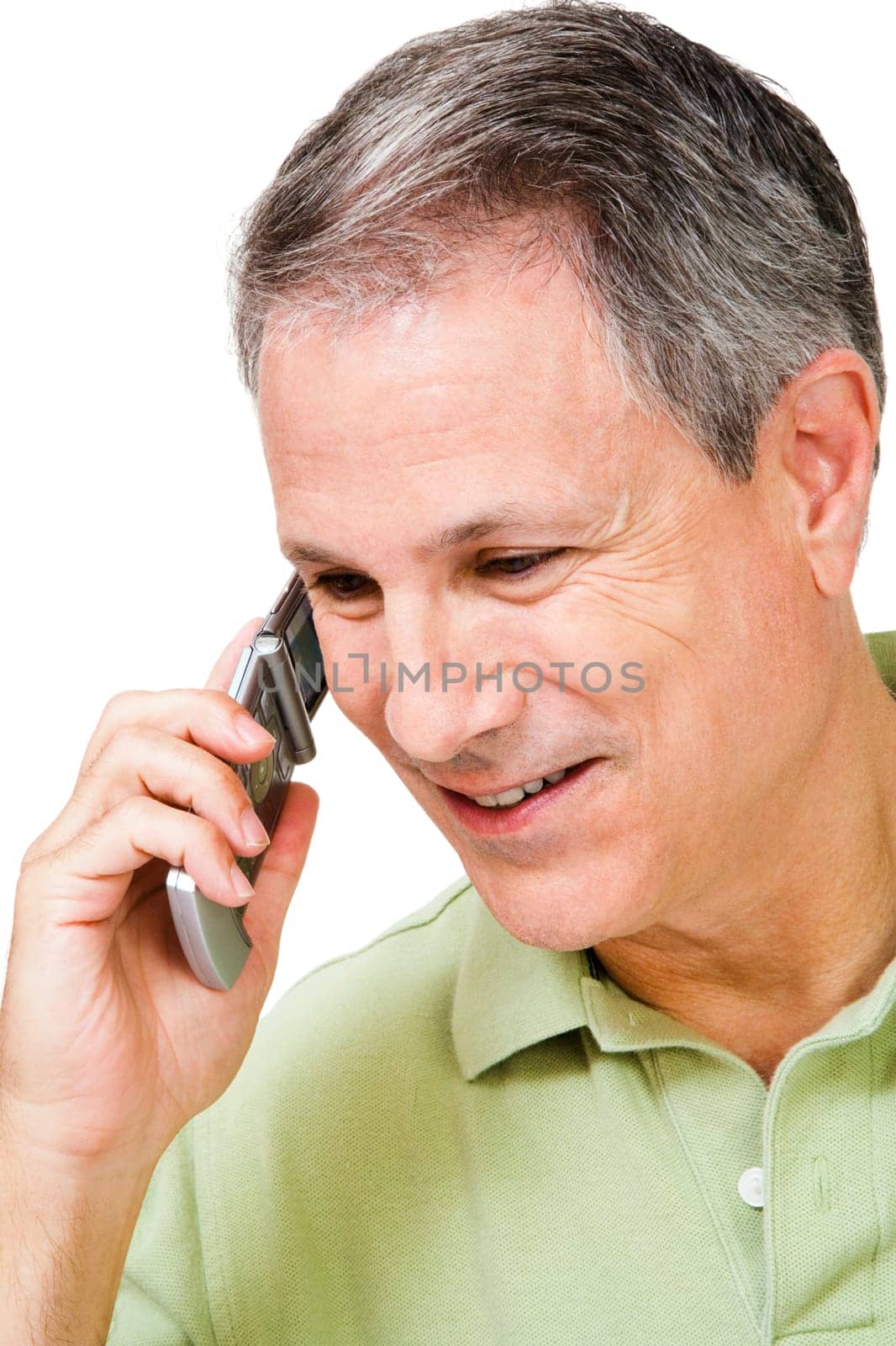 Happy man talking on a mobile phone isolated over white