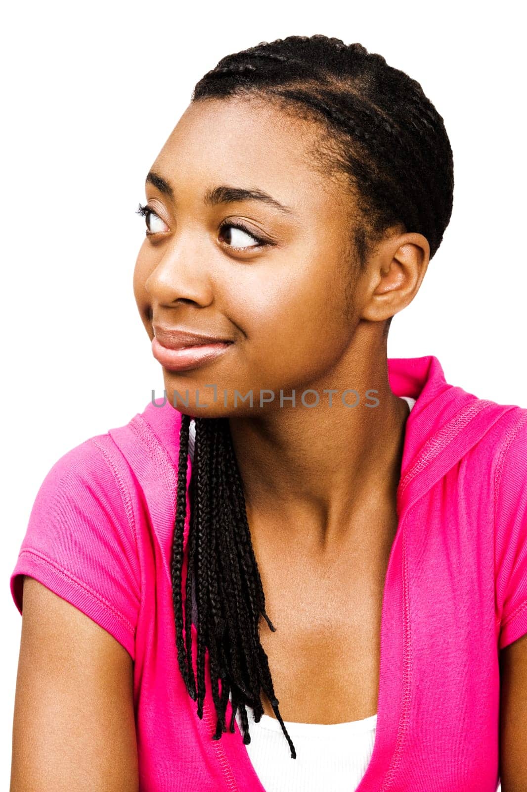 Teenager posing and smiling isolated over white