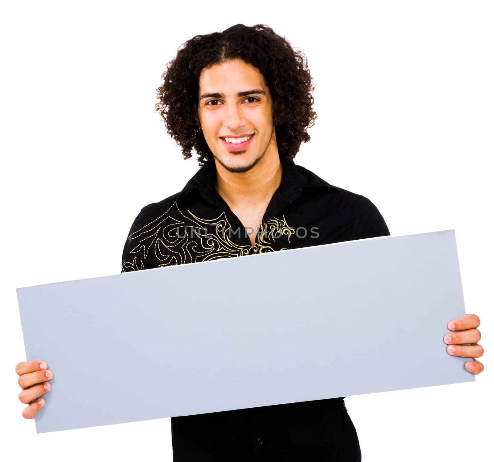 Smiling man showing an empty placard isolated over white