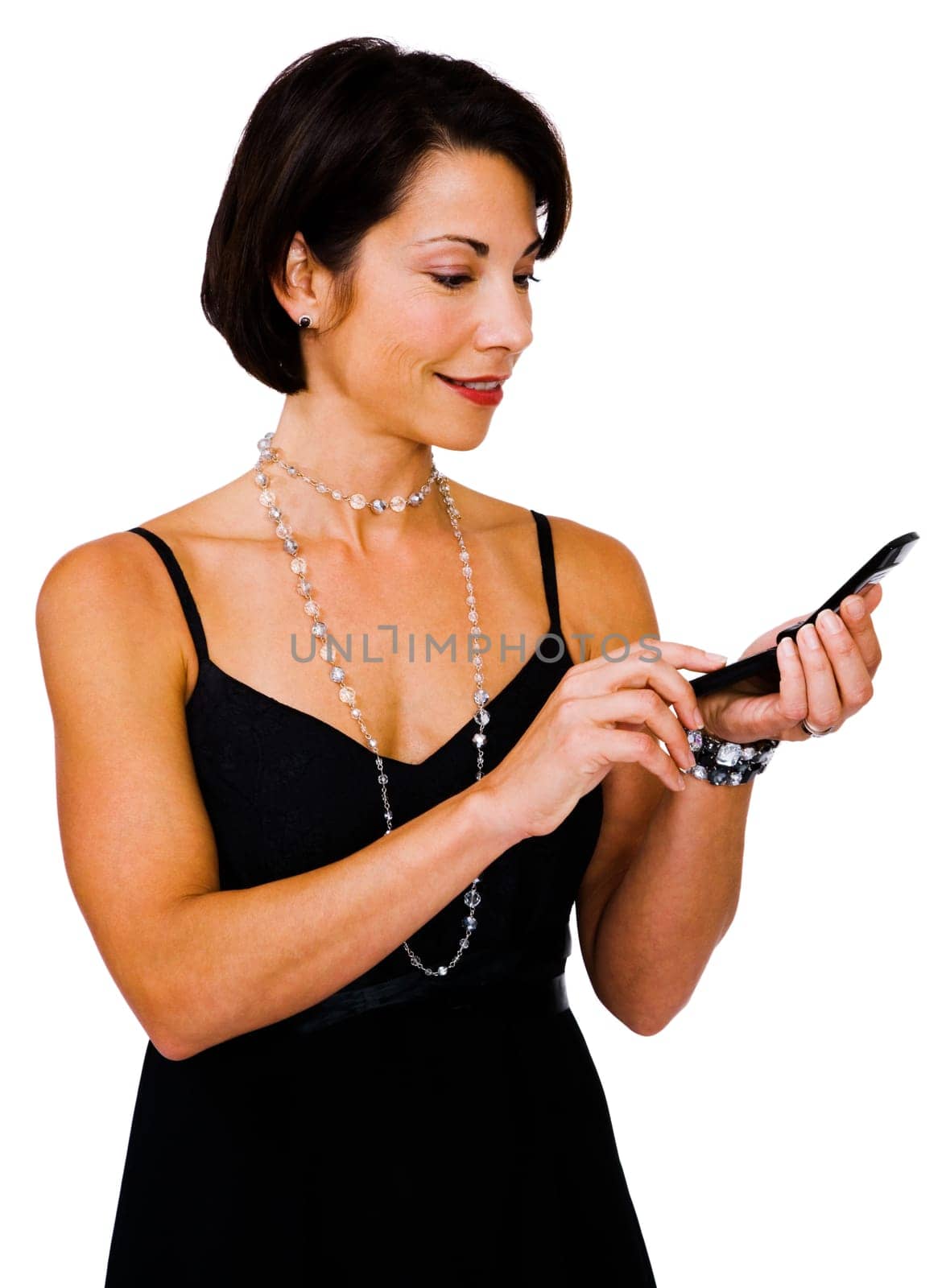 Happy woman text messaging on a mobile phone isolated over white