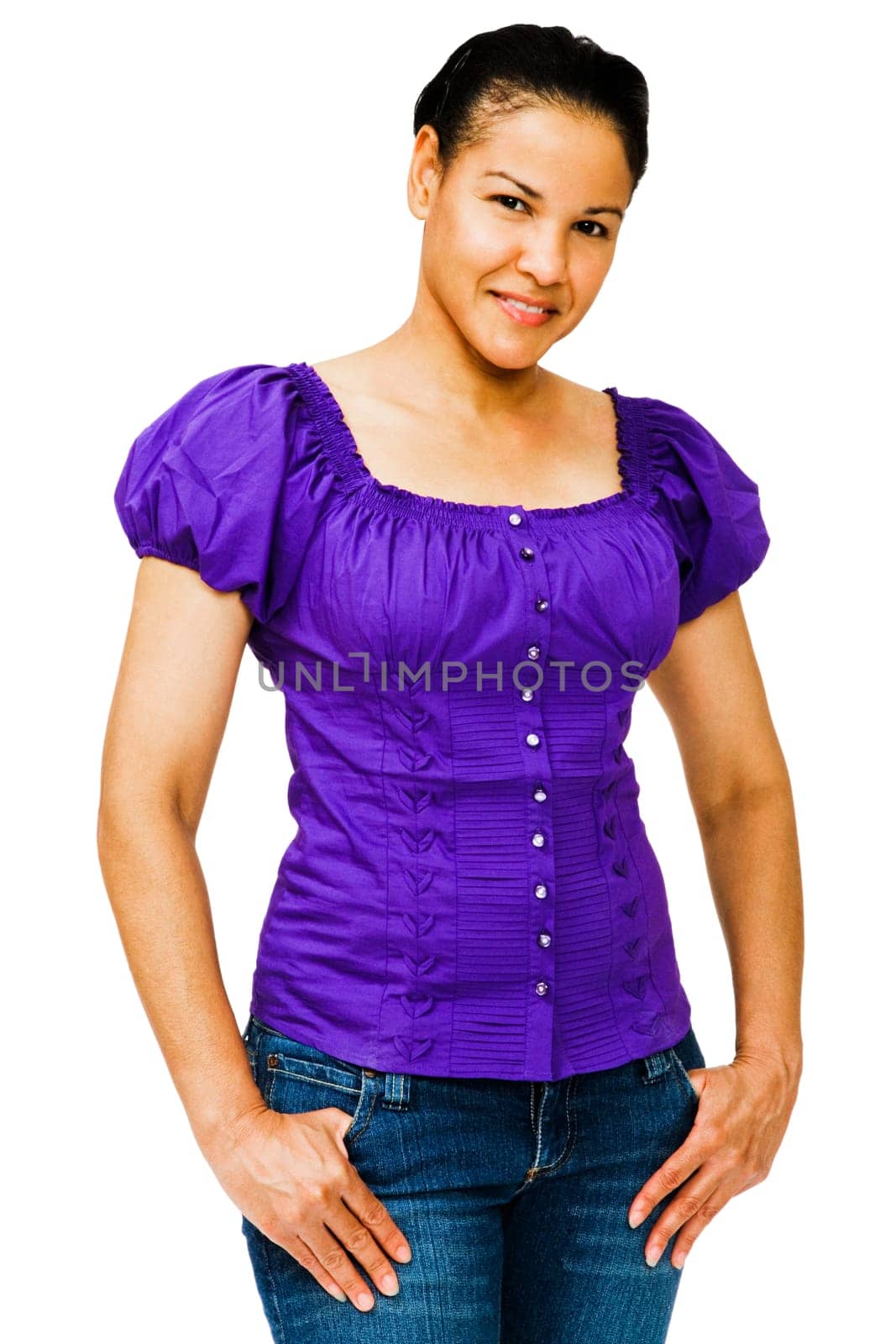 Woman smiling and posing isolated over white