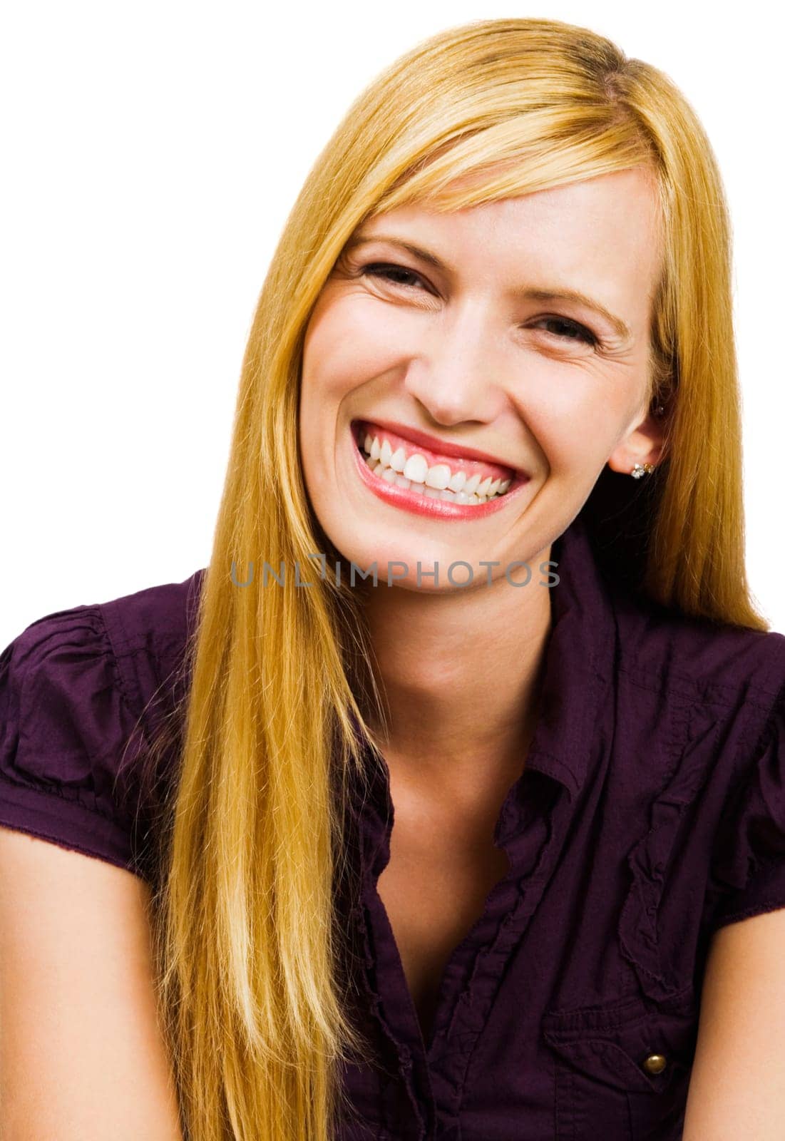 Portrait of a young woman posing and smiling isolated over white