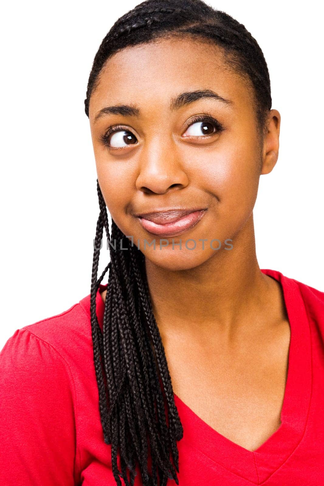 Happy teenage girl thinking isolated over white