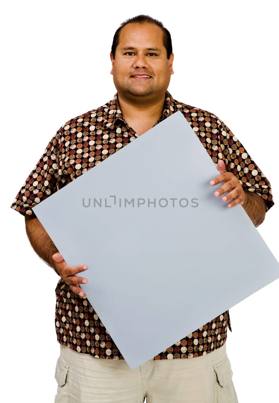 Portrait of a man showing an empty placard isolated over white