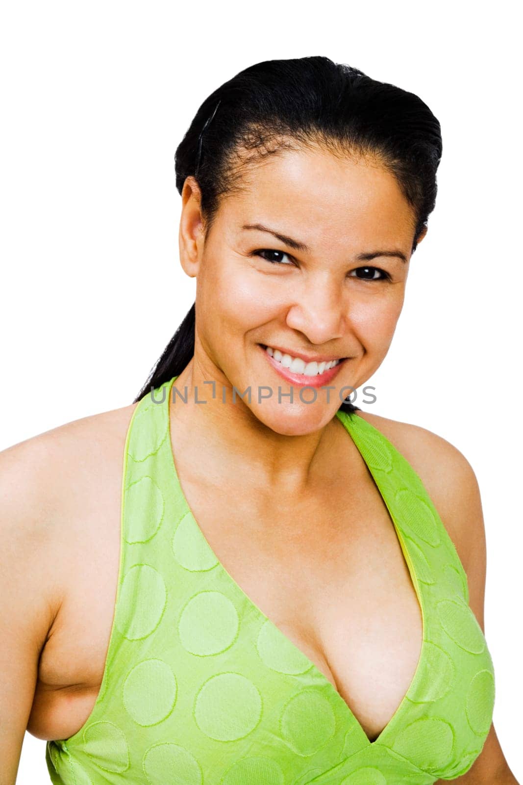 Close-up of a young woman posing and smiling isolated over white