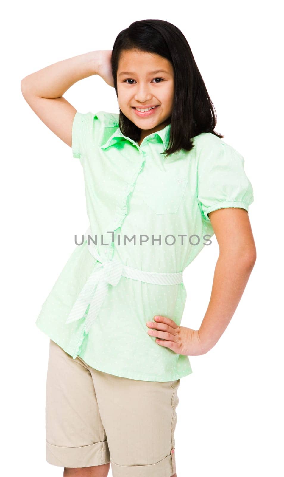 Smiling girl posing and standing isolated over white