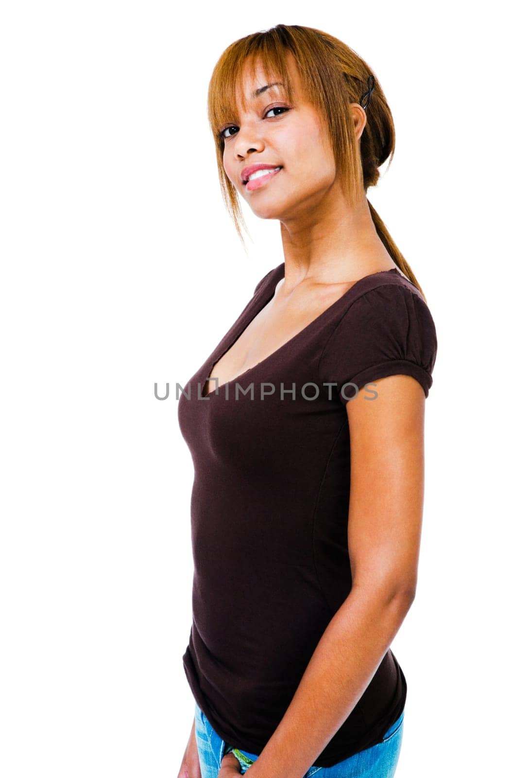 Portrait of a young woman posing isolated over white