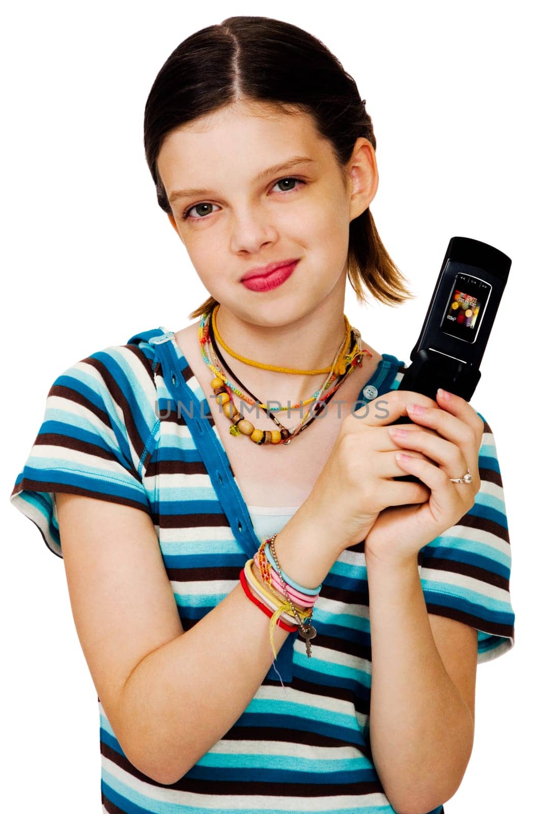 Beautiful girl text messaging on a mobile phone isolated over white