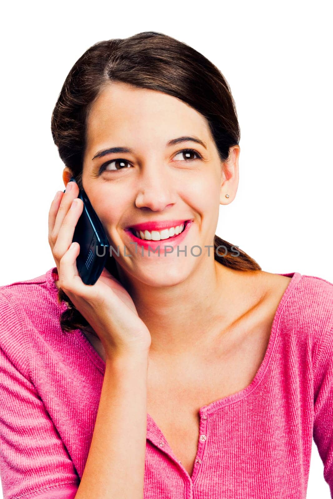 Close-up of a woman talking on a mobile phone isolated over white
