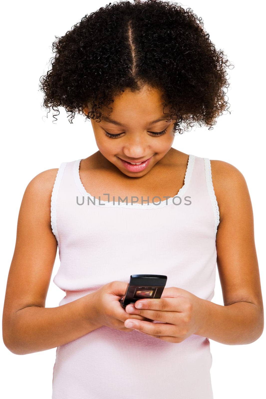 Girl text messaging with a mobile phone isolated over white
