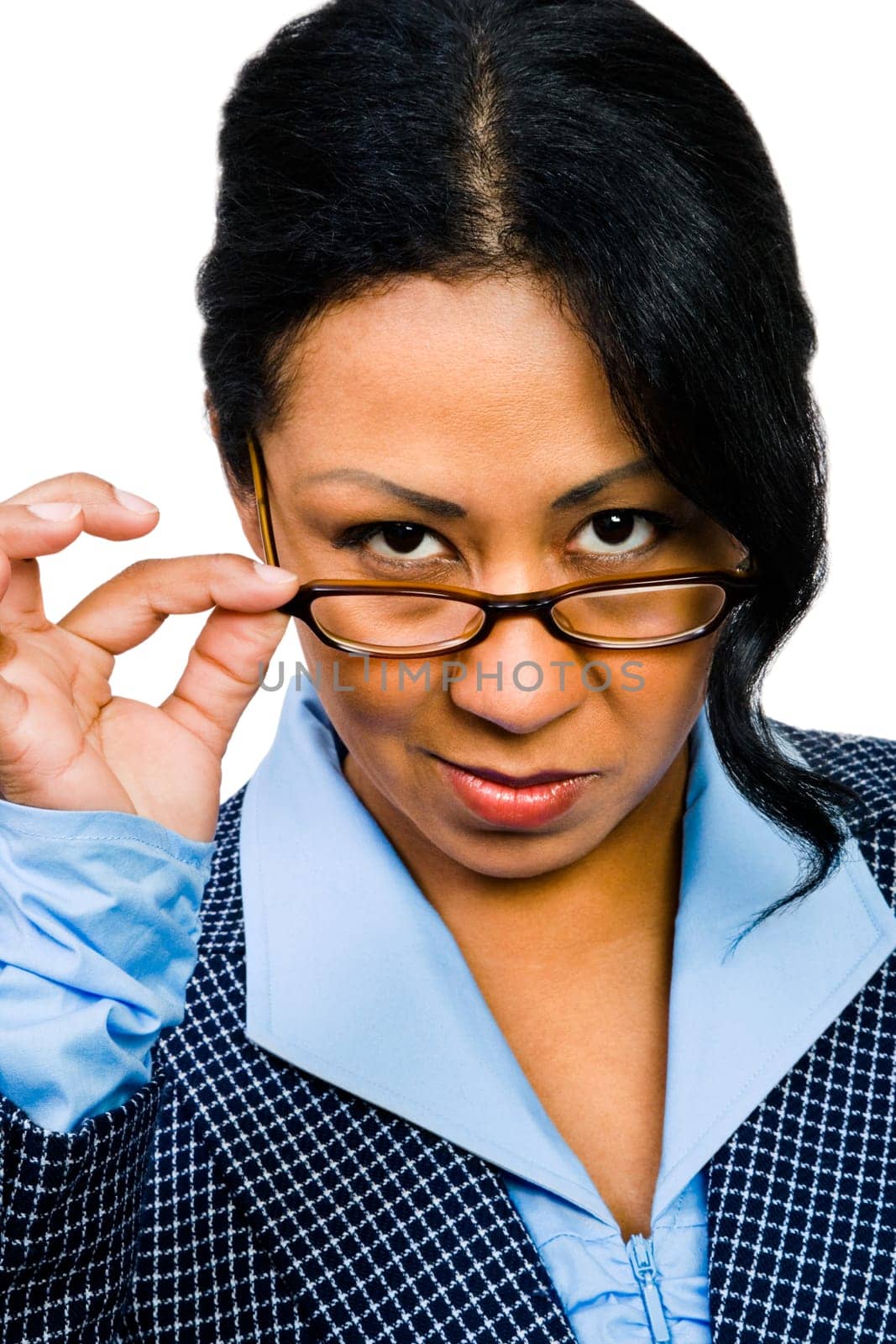 Woman wearing eyeglasses and smiling isolated over white