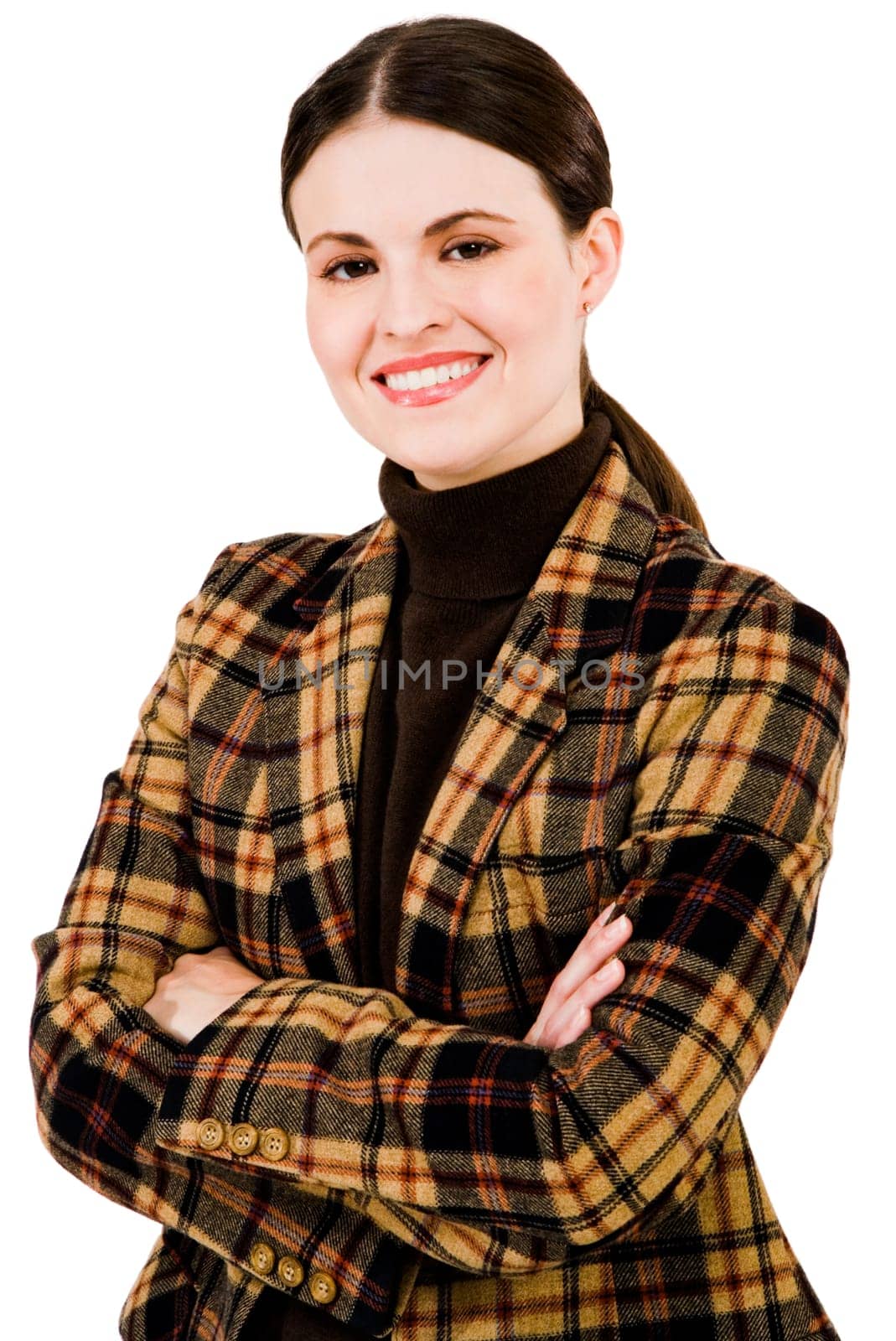 Gorgeous woman posing and smiling isolated over white