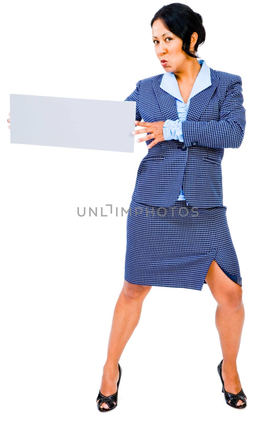 Mixedrace businesswoman showing a placard and posing isolated over white
