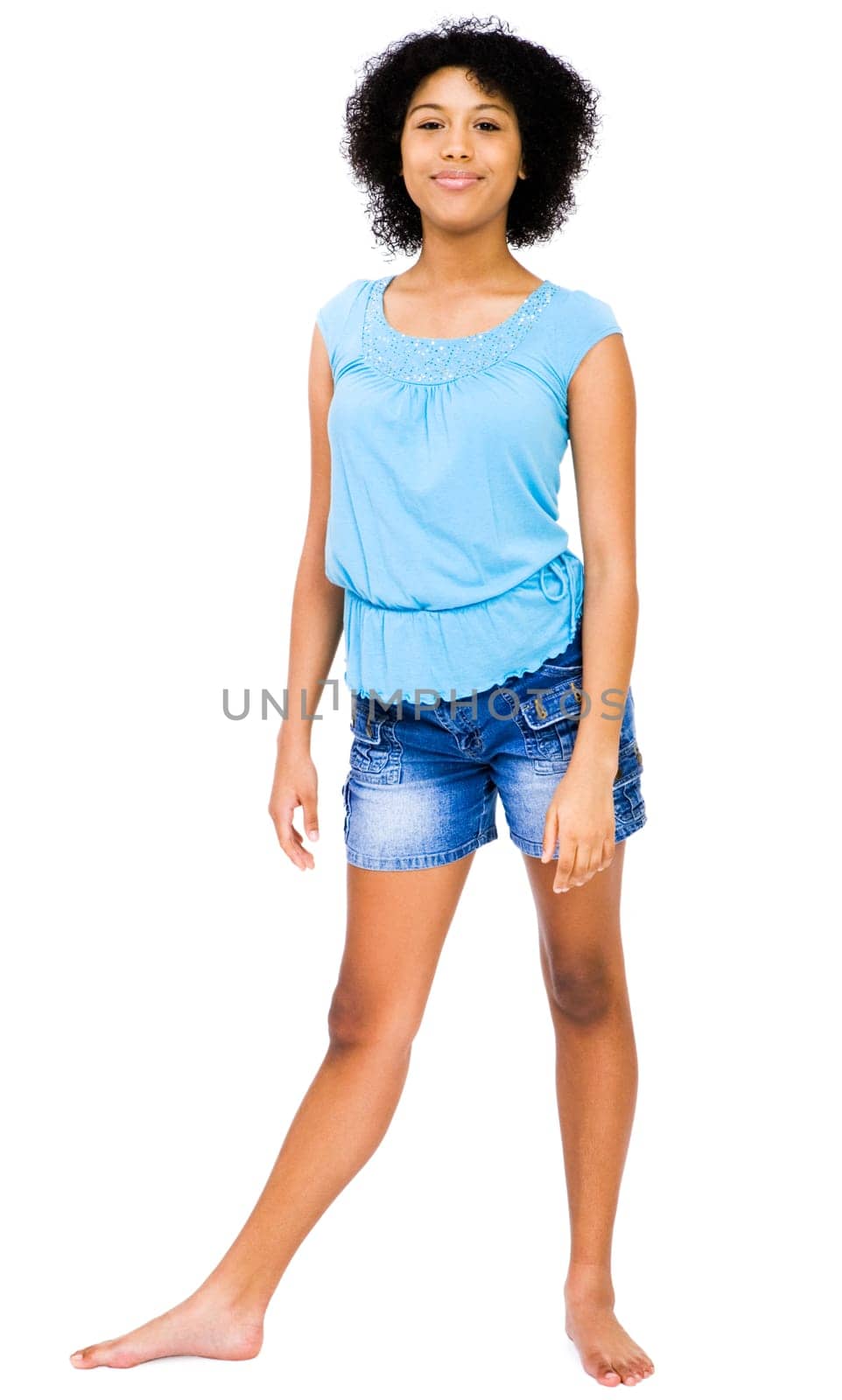 Portrait of a teenage girl posing and smiling isolated over white
