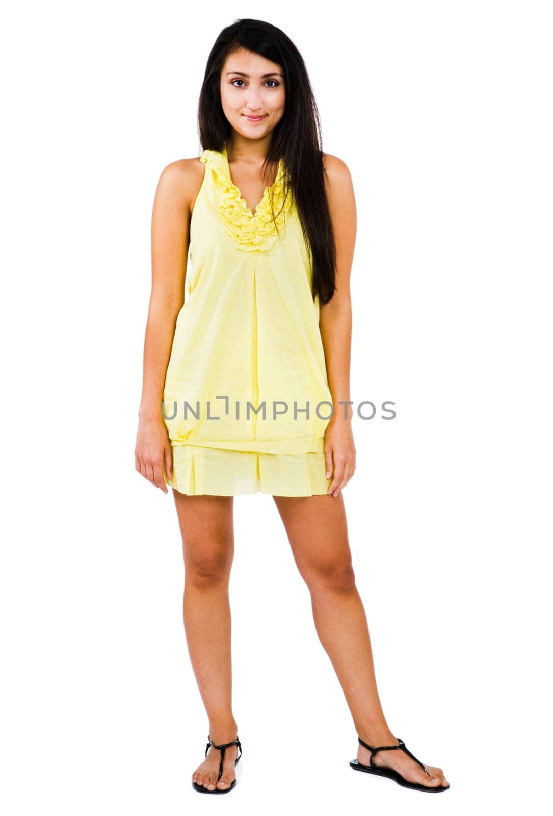 Fashion model smiling and posing isolated over white