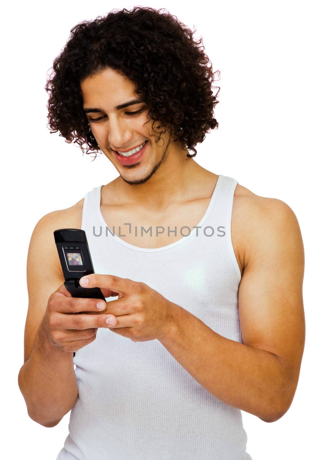 Fashion model text messaging on a mobile phone isolated over white