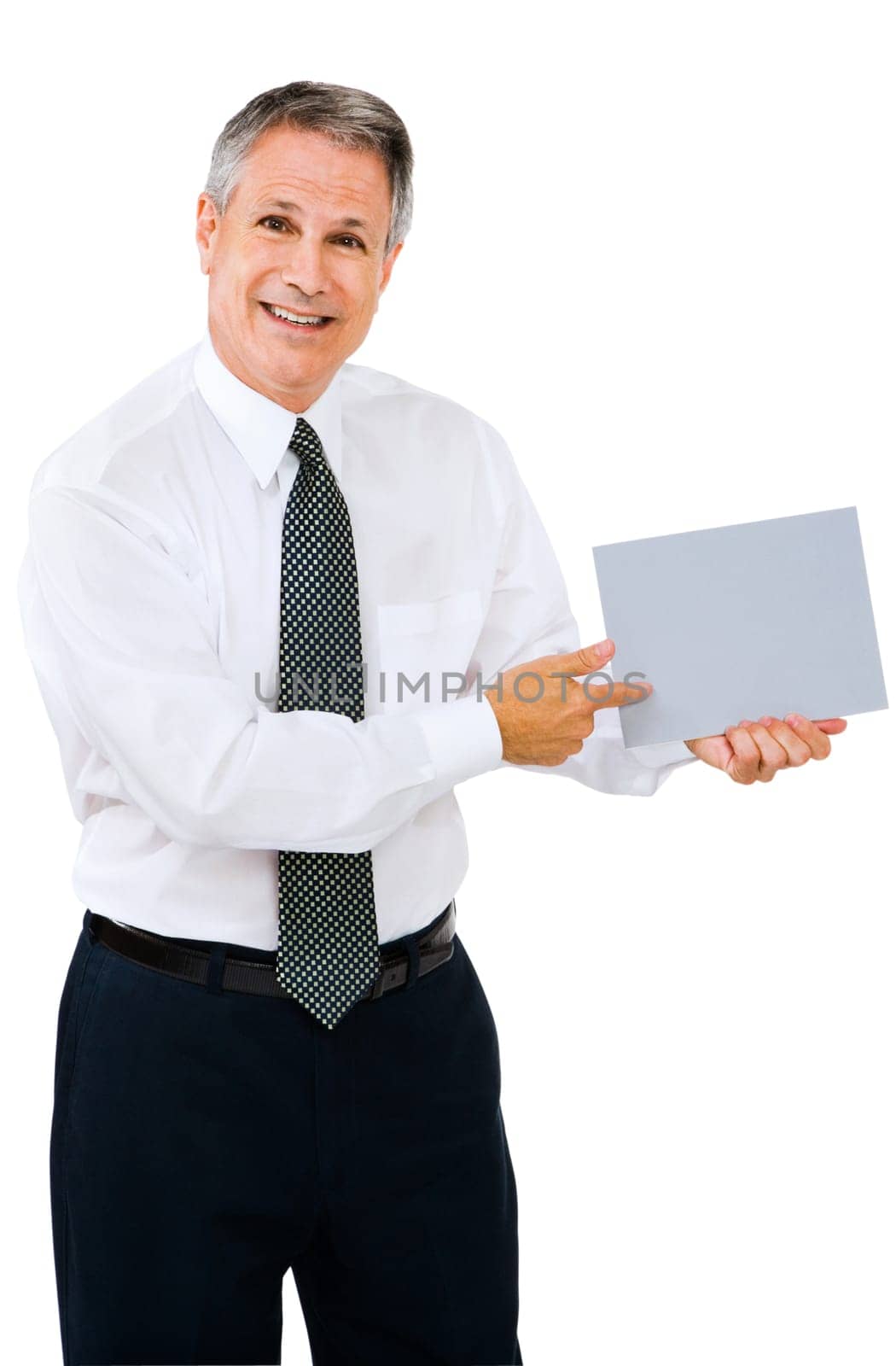 Happy businessman showing a placard isolated over white