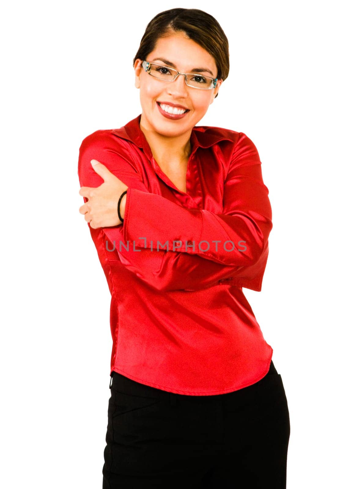 Close-up of a woman hugging herself and smiling isolated over white