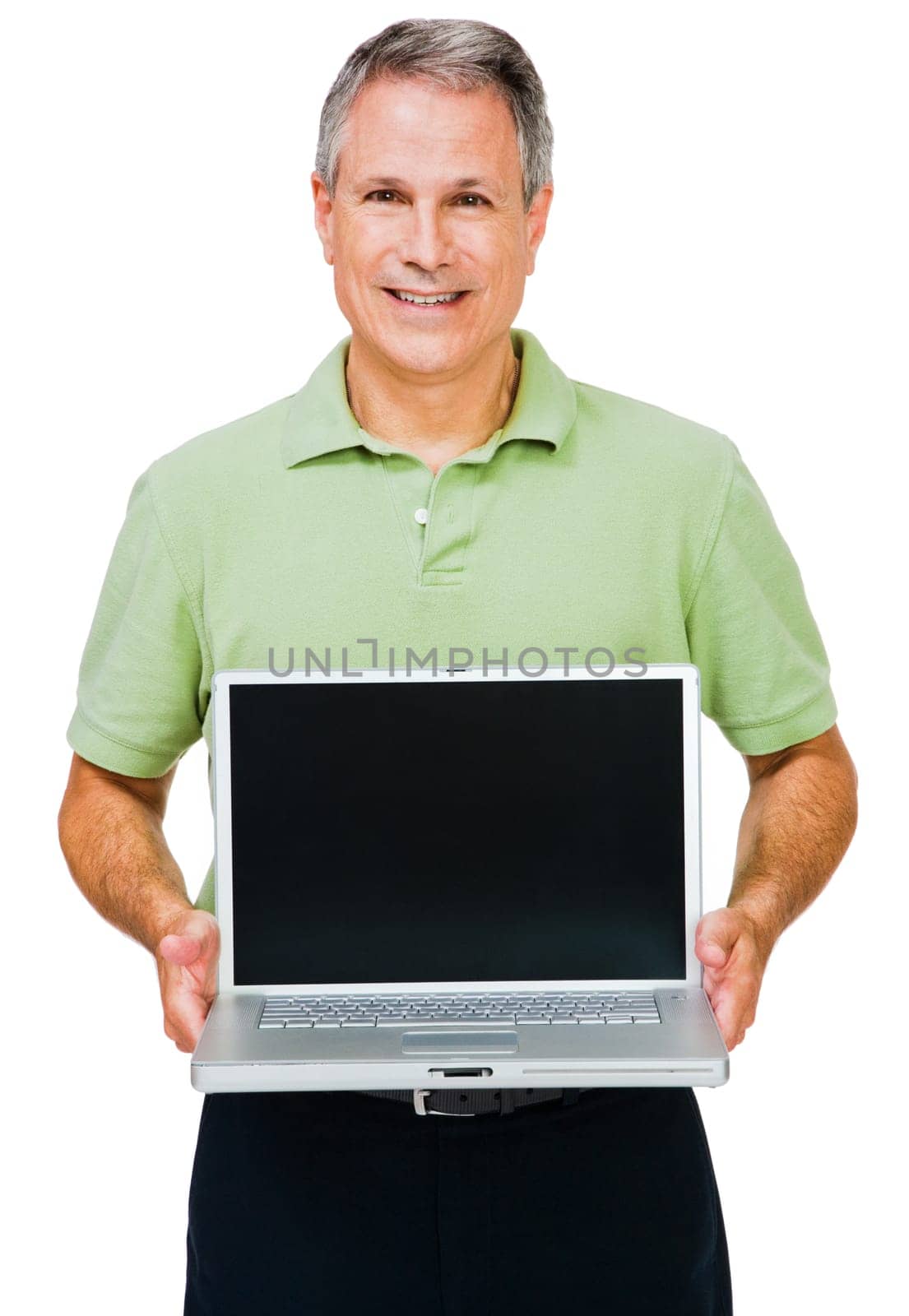 Close-up of a man showing a laptop isolated over white