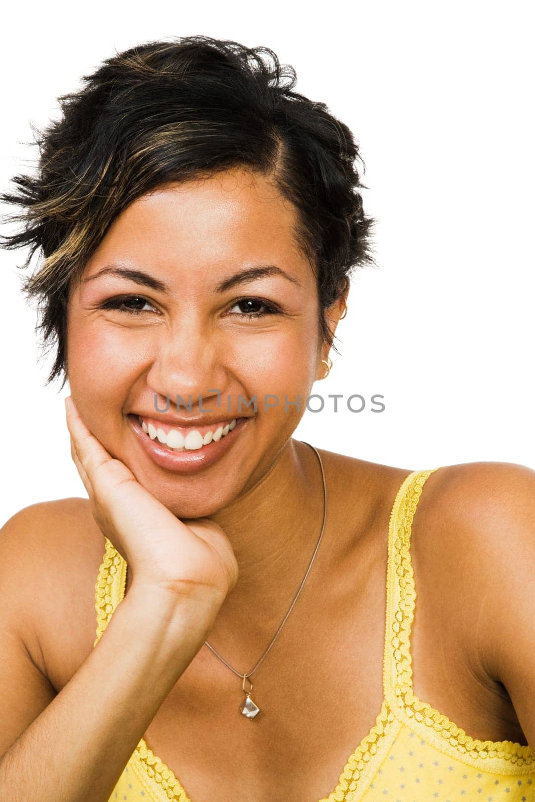 Fashion model posing and smiling isolated over white