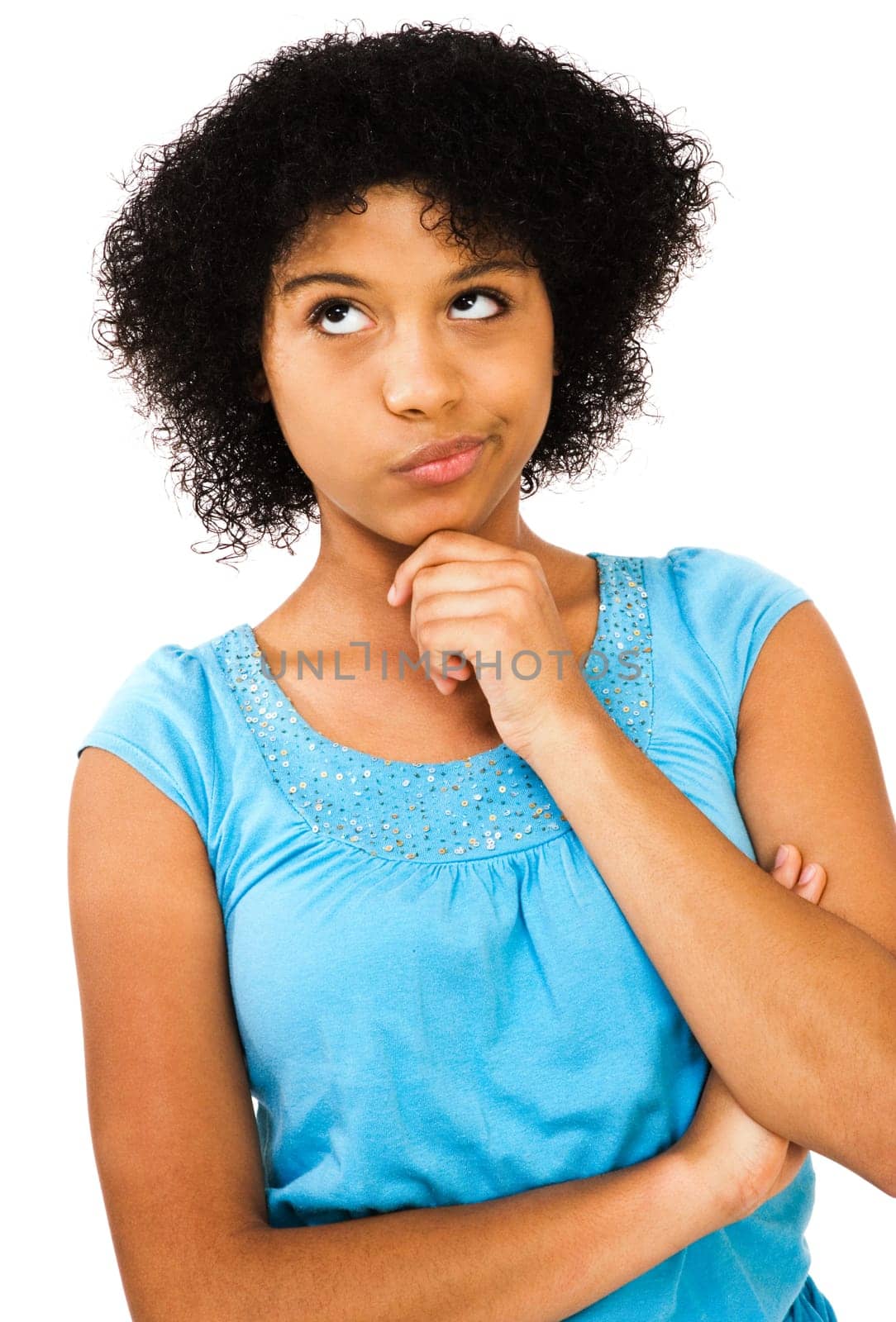 Close-up of a teenage girl thinking isolated over white