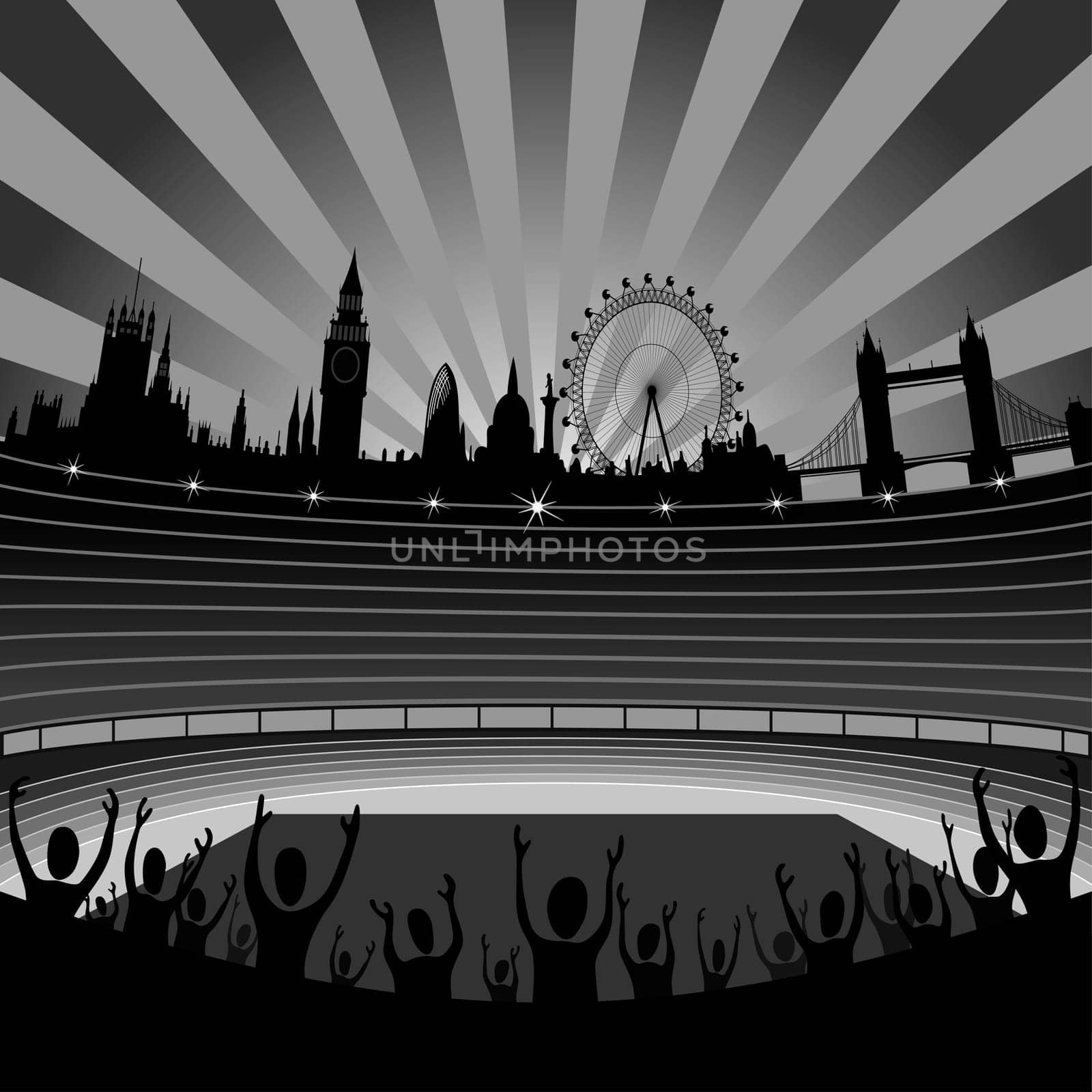 Illustration of the stadium with the London skyline on the horizon - London city - organizer of the Olympic Games