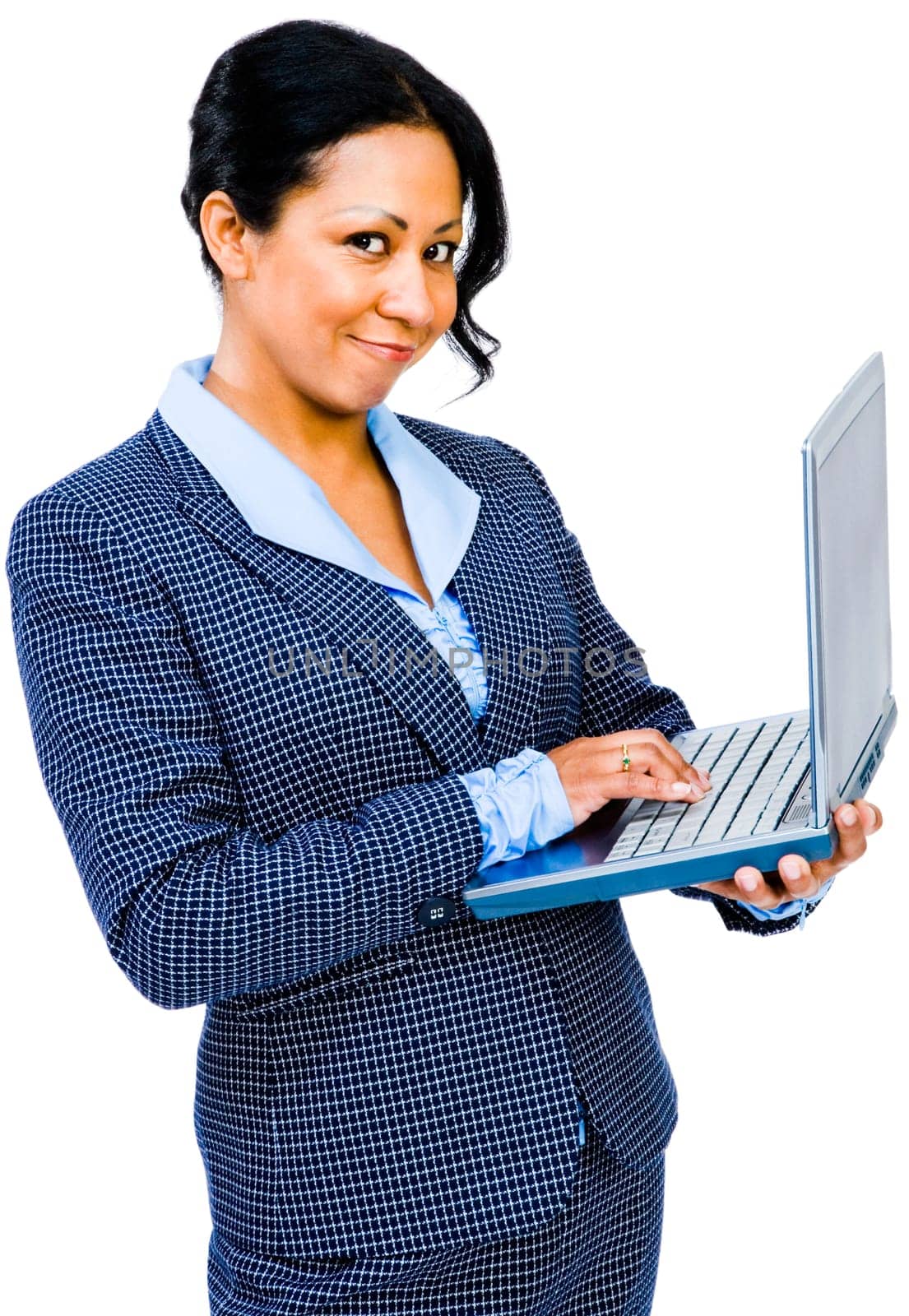 Close-up of a businesswoman using a laptop and smiling isolated over white