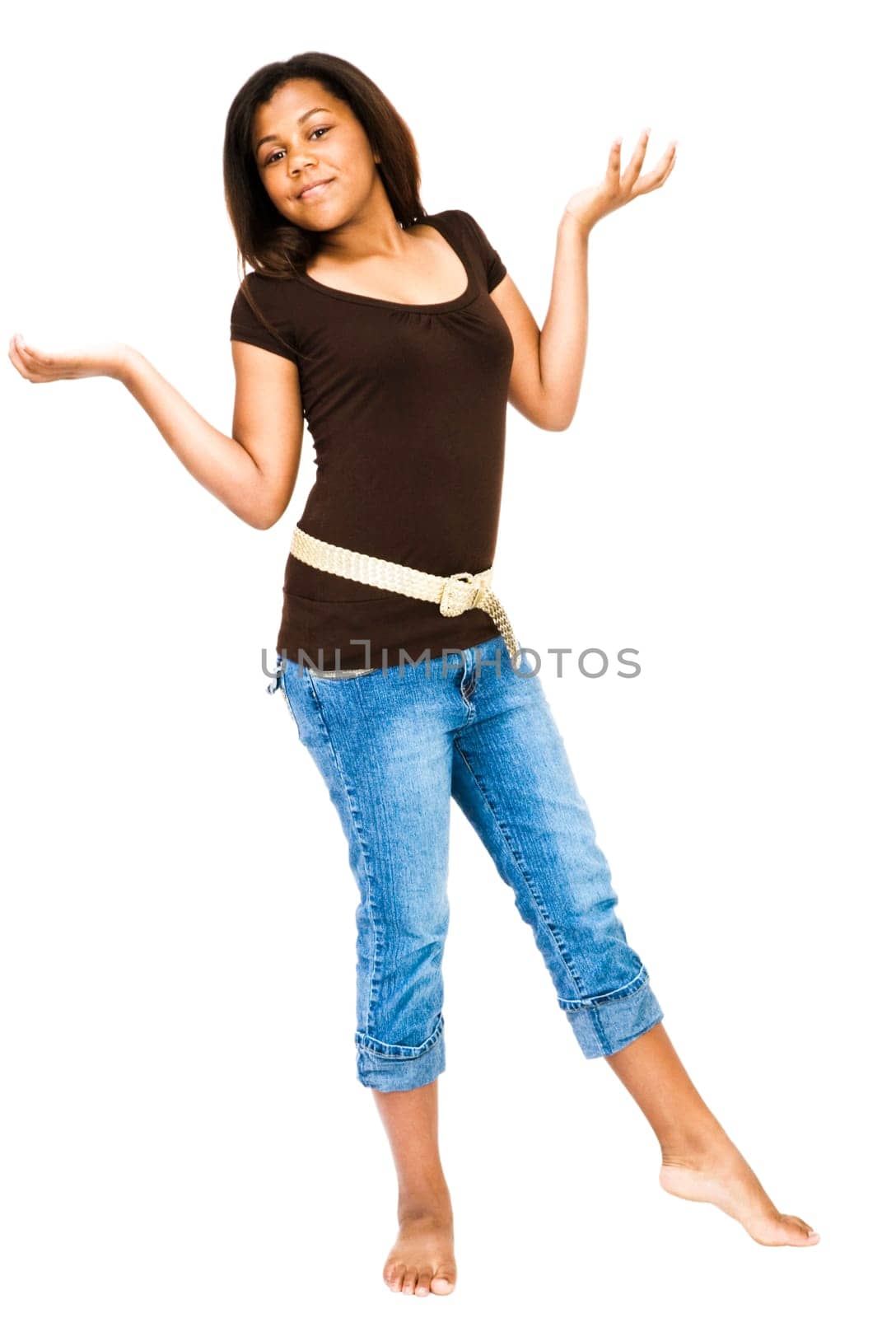 Girl posing and gesturing isolated over white
