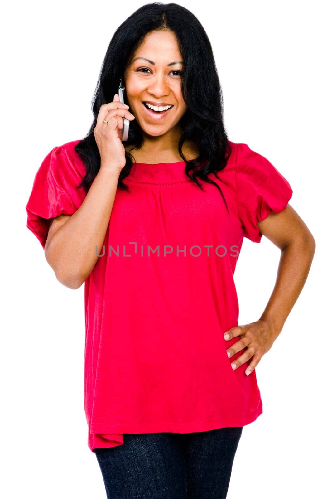 Close-up of a woman talking on a mobile phone isolated over white