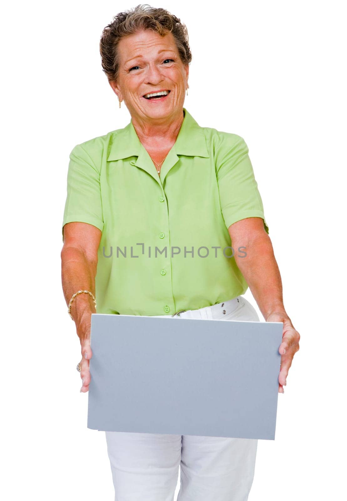 Close-up of a woman showing a placard and smiling isolated over white